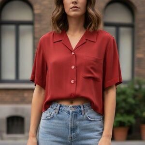 Tommy Bahama Red 100% Silk Cropped Shirt Size L